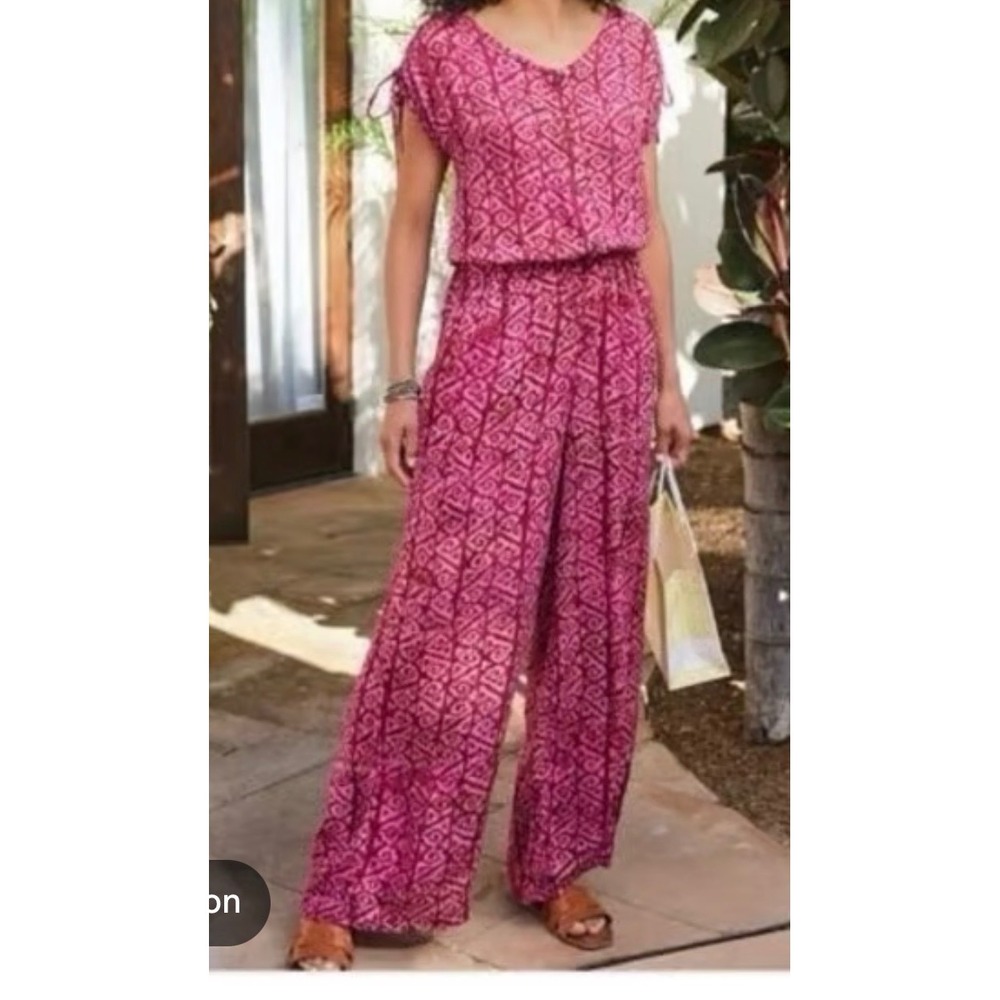 Soft Surroundings Magenta Batik Print Wide Leg Jumpsuit Pink Womens L